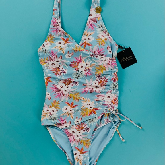 Nip Tuck Swim MultiCup Bra 1 Piece Bathing Suite Blue Floral Size 6 - Picture 1 of 3